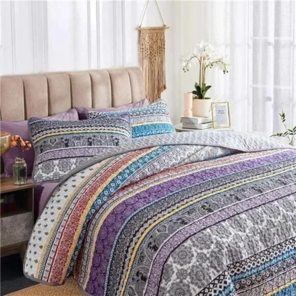 3 Pieces Colorful Bohemian Quilt Set Full Queen Size, Purple n Grey Boho Striped